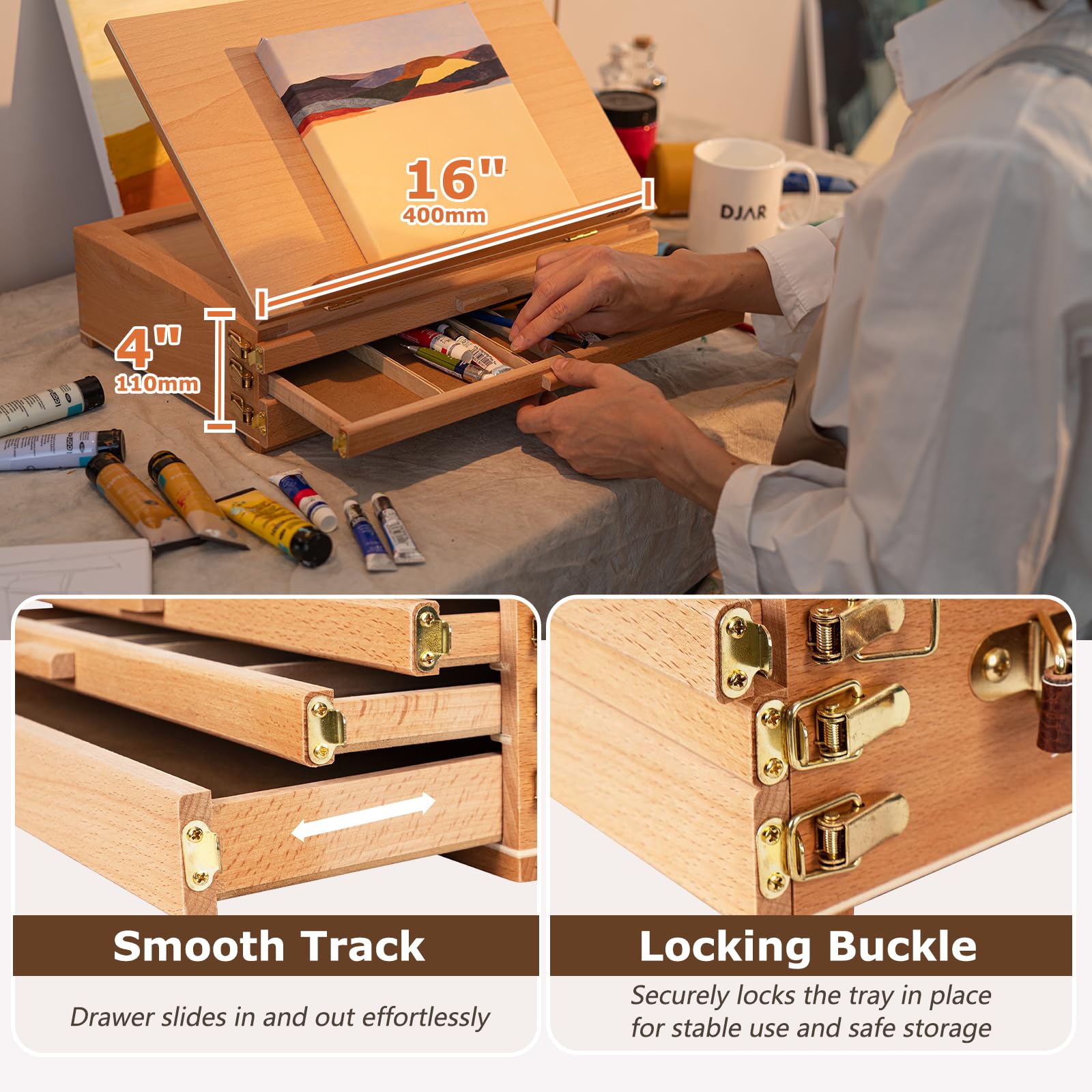 DJAR Caballete artístico de mesa con 3 cajones, portátil y ajustable de madera de haya, soporte de pintura para adultos y estudiantes