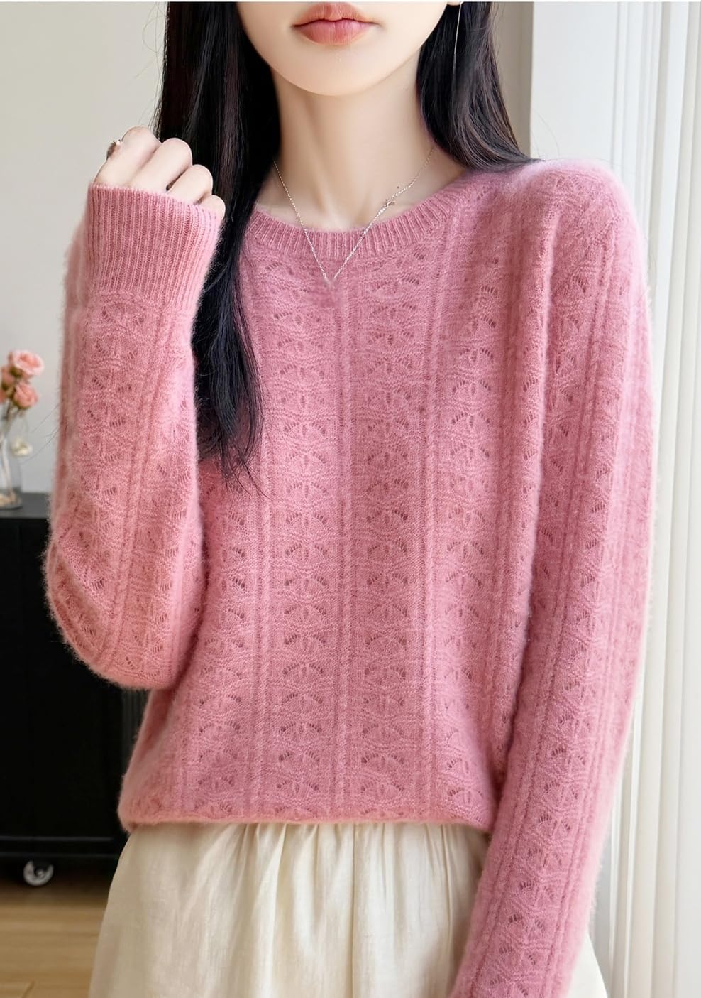 Damen Wollpullover Lässig Langärmelig Durchbrochenes Strickmuster Rundhal