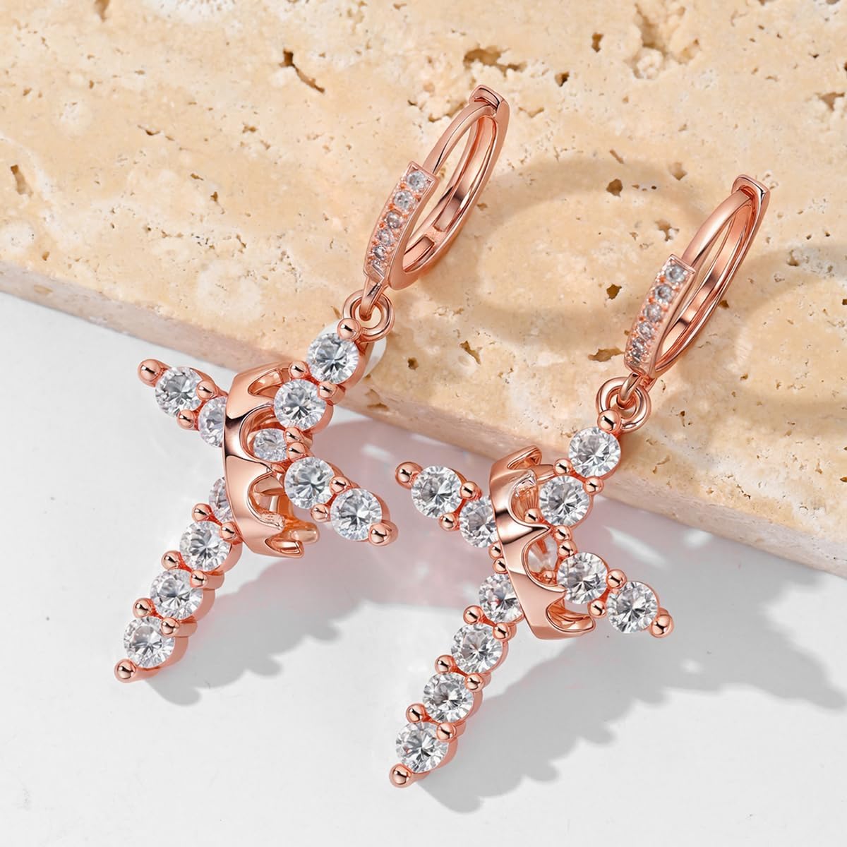 Hersin Crown Cross Earrings for Women 18K Gold Plated Diamond Drop Dangle Cross Hoop Earrings Small CZ Huggie Hoops Faith Cross Jewelry Gifts for Women Men - Image 4