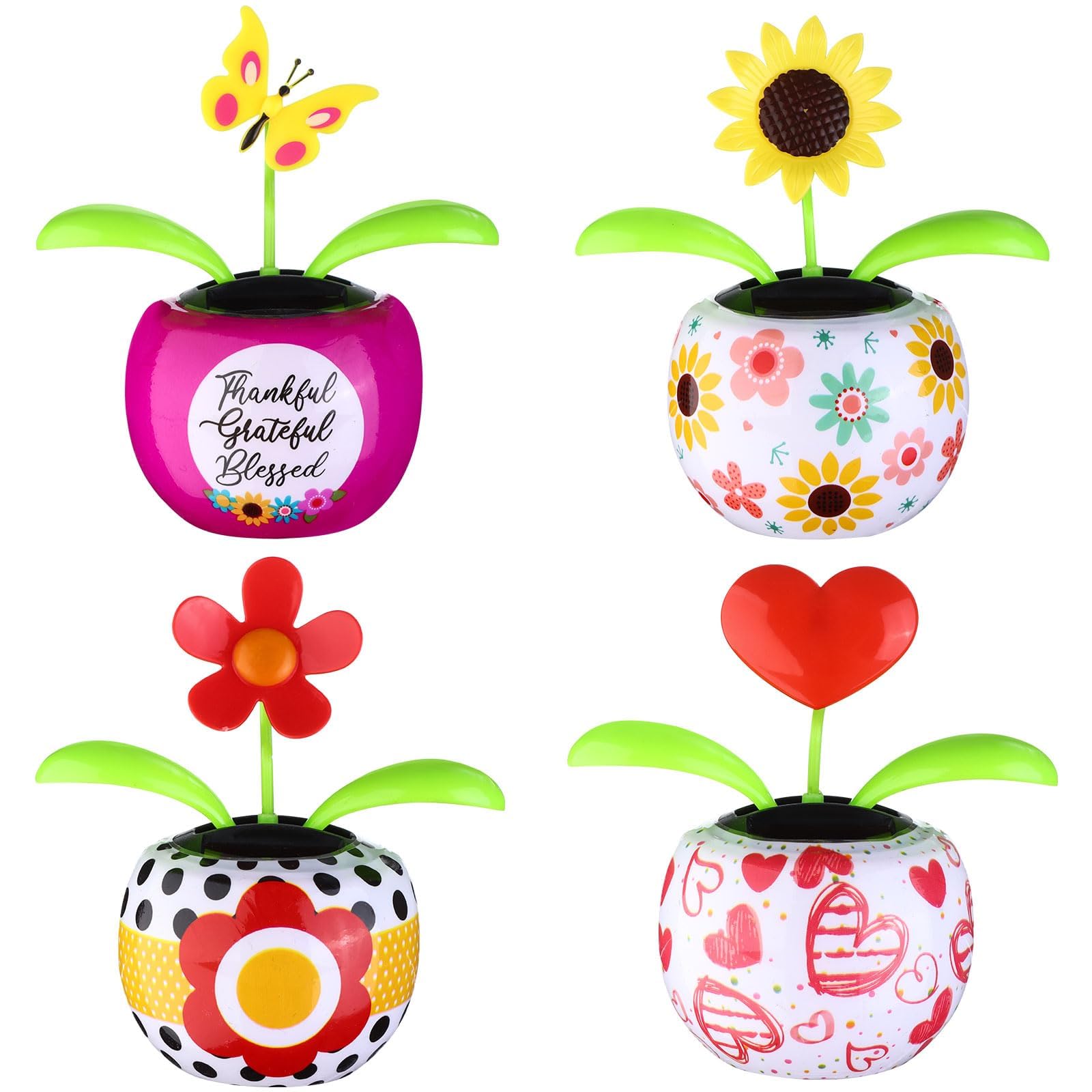JCD 4 Solar Dancing Butterfly Toy Solar Powered Dancing Sun Flower in Colorful Pots Swinging Heart Shape Flip Flap Animated Bobblehead Dancer Window Rose Sun Catcher Car Dashboard Decor