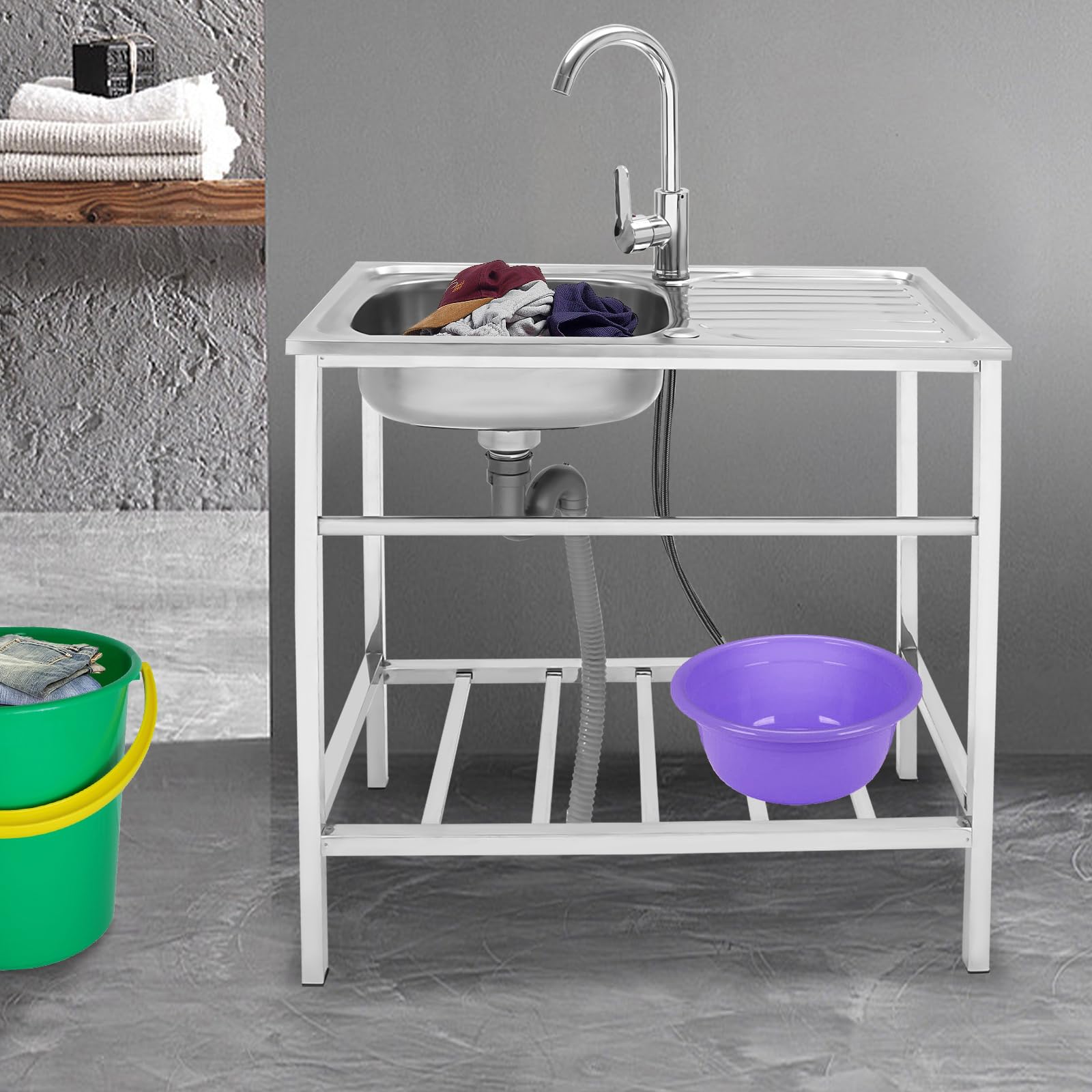 Mesa de acero inoxidable, fregadero gastronómico con armario inferior, fregadero comercial, fregadero de cocina, fregadero independiente con grifo, para exteriores, interior, restaurante, 75 x 40 x 76