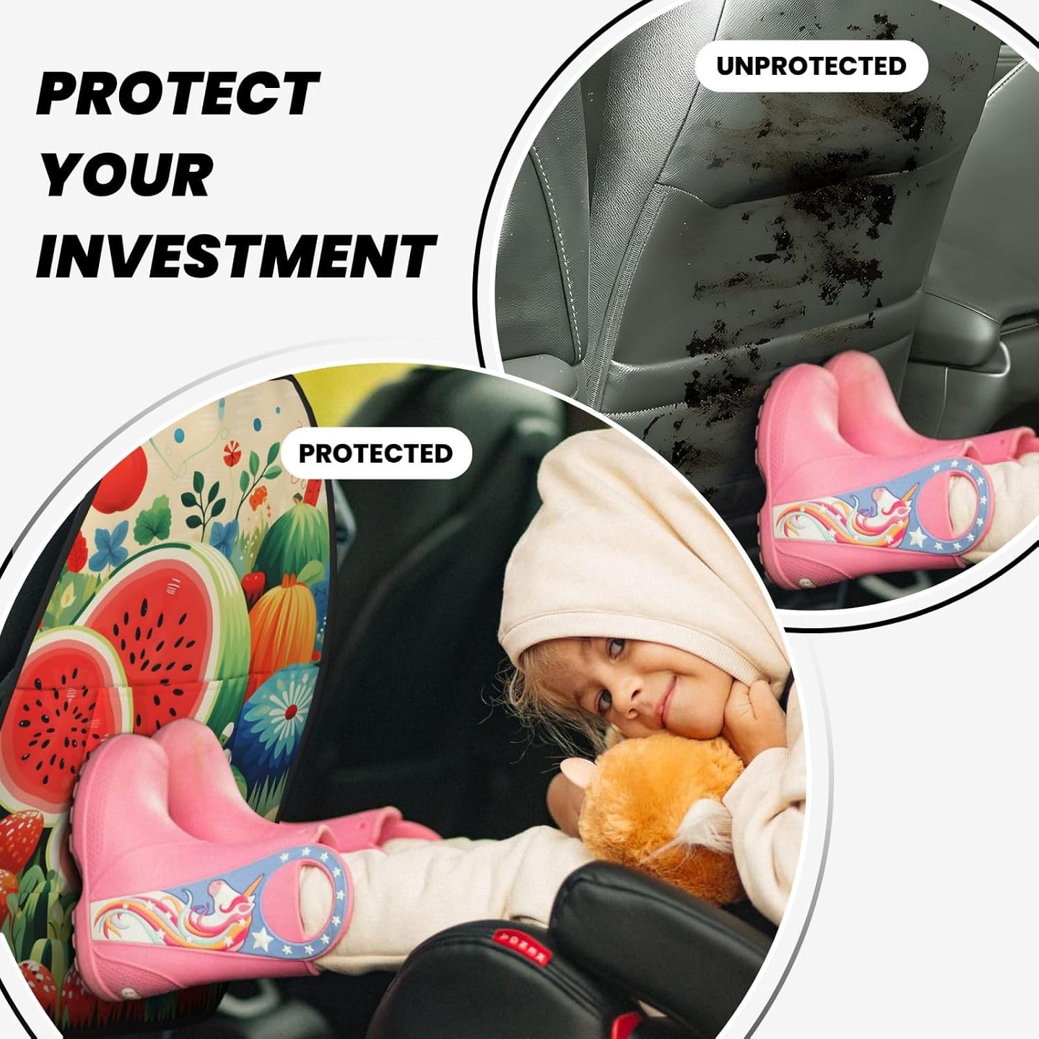 Car Seat Back Kick Protector 2 Pack 18.5x26.4 Inch, Cartoon Watermelon Anti-Kick Pad, Waterproof Oxford Fabric Large Rear Seat Cover for Kids Pets Fits SUV Jeep Truck Sedan