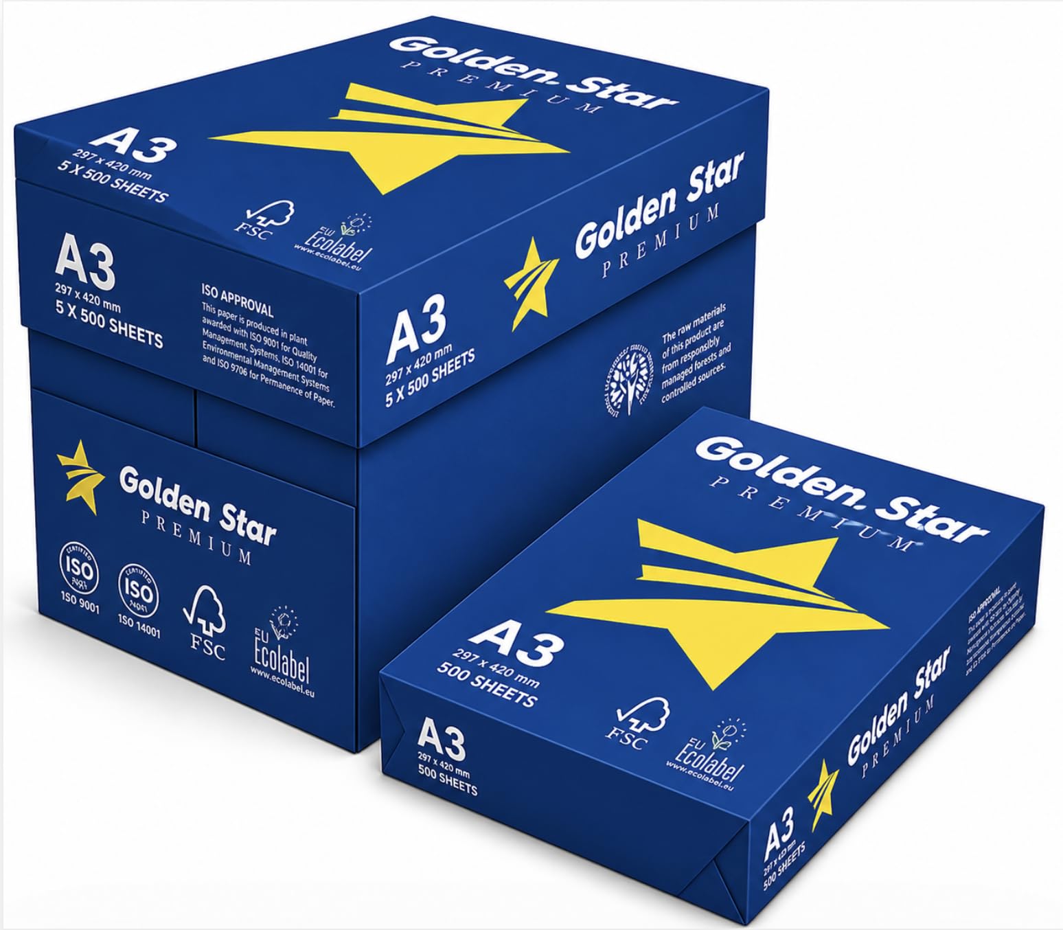 Golden Star Premium A3 Fogli A3 per Stampante e Fotocopiatrici - Risma Carta A3 Bianca (5 RISME)