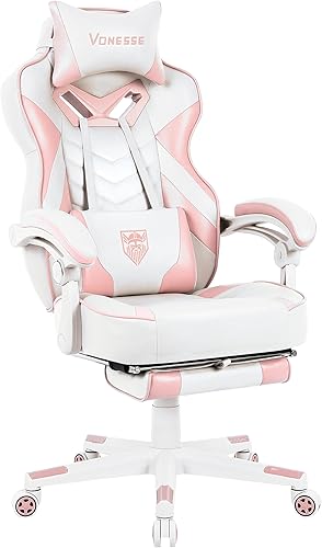 Vonesse Silla Rosa de Juegos, Silla Grande y Alta de Juegos con Reposapiés y Masaje, Sillas de Juegos para Adultos con Soporte Lumbar, Silla