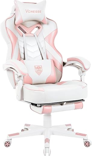 Pink Gaming Chair for Adults,Girls Computer Chair with High Back,Big and Tall Gaming Chairs with Footrest and Massage,Recl...