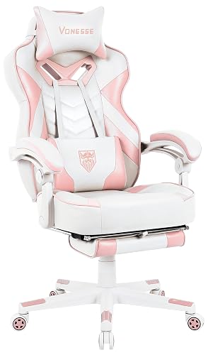 Vonesse Pink Gaming Chair, Big and Tall Gaming Chair with Footrest and Massage, Gaming Chairs for Adults with Lumbar Support, Ergonomic High Back Computer Chair with Pocket Spring Cushion (White/Pink) - White/Pink