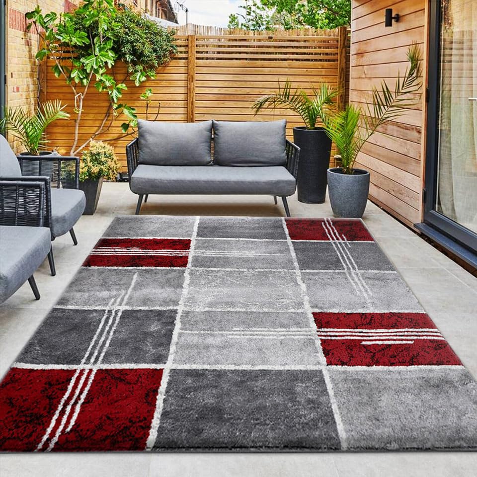 Modern Shaggy Area Rug Thick Pile Soft Carpet for Bedroom Living Room Dining Room TV Lounge - Warm and Cozy Plush Box Pattern Runner Rug Large Floor Mat - Red, 200x 290 cm
