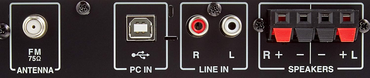 Rear panel of the ONKYO X-U6(W) CD Receiver System showing connection ports for FM antenna, PC IN (USB), LINE IN (RCA), and SPEAKERS.