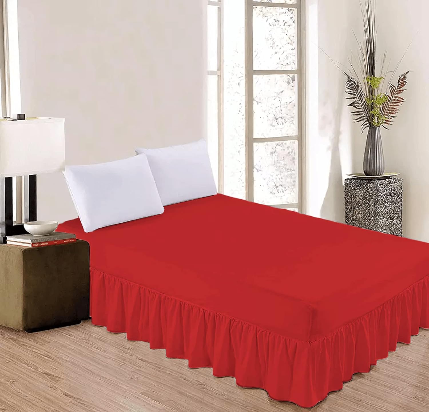 HOMES-LINEN Valance Sheet Percale Polycotton Extra Deep Frilled Valance Fitted Bed Sheet (Red, Single)