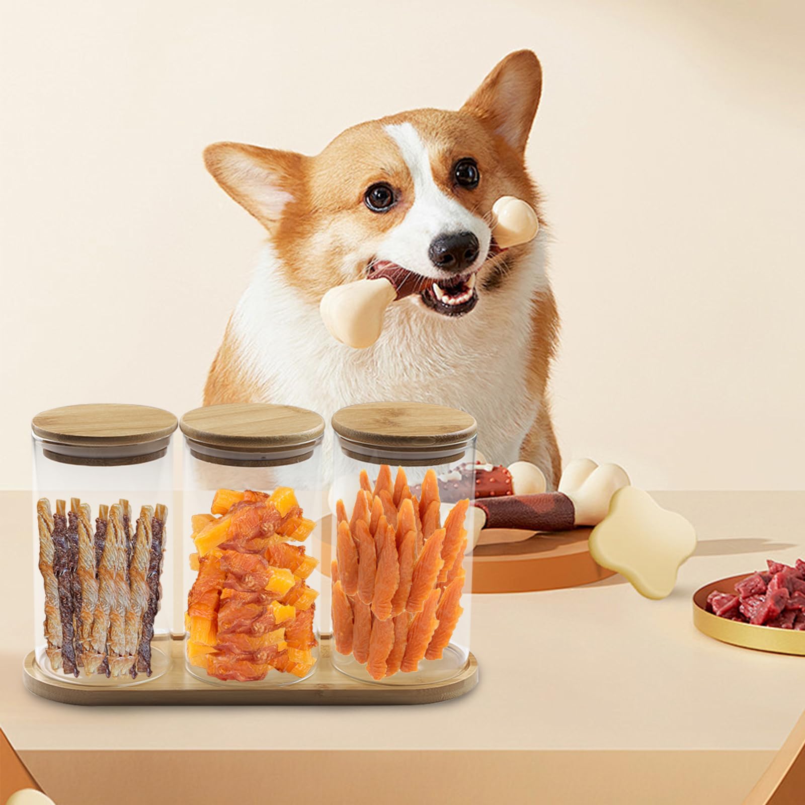 APITOS Dog Treat Jar Set of 3-Glass Dog Treat Container with Bamboo Lids,Airtight Pet Biscuit Treat Tin with 1Bamboo Tray,Fashionable Dog Food Storage Containers for Dogs and Cats - Image 4
