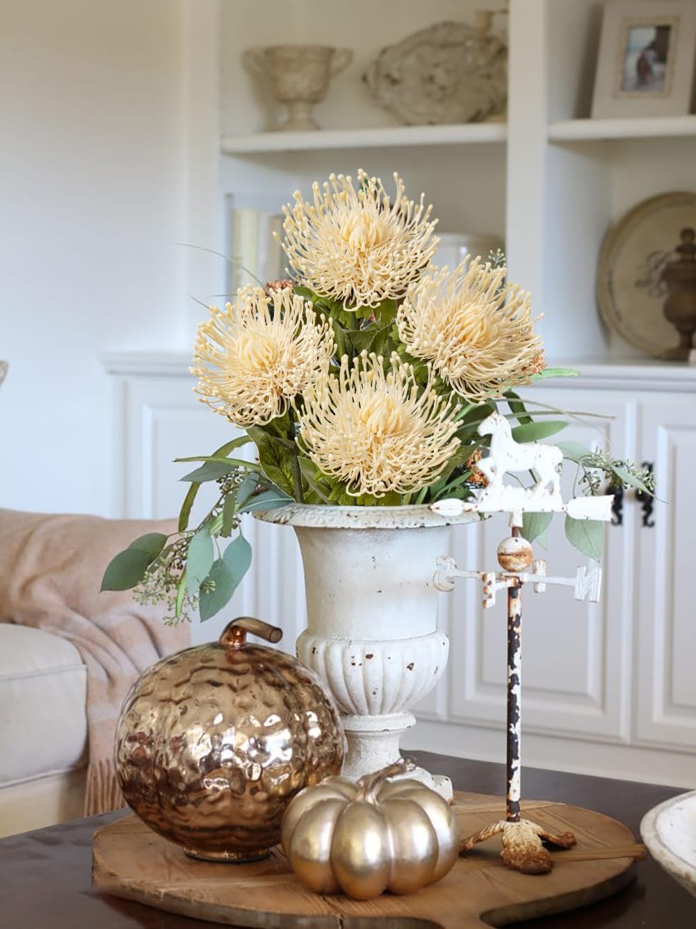 Hollyone 3 Pcs White Artificial Spider Mum 28.3'' Long Stem Fake Chrysanthemum Flowers Leucospermum Cordifolium Arrangement Faux Pincushion Flowers Office Table Bouquet Home Decor