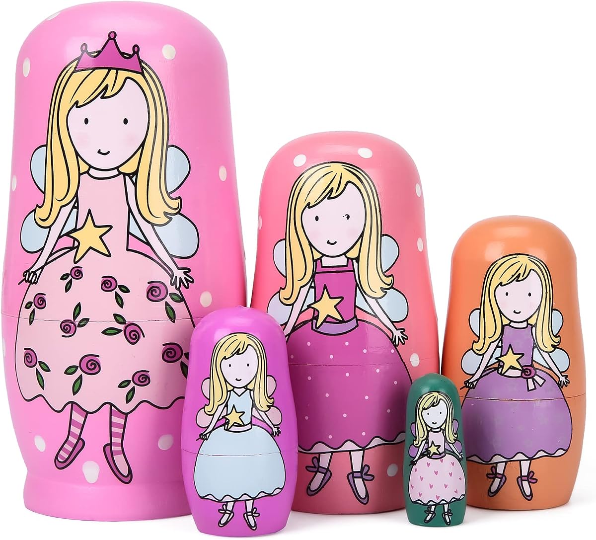 Bgraamiens 5 muñecas rusas de anidación, regalo de madera, regalos de cumpleaños, hechas a mano, ángel pintado, matrioska, muñecas de anidación, decoraciones (niña ángel)