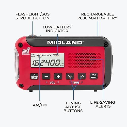 Miniatura 39 de Midland ER210 - Radio AM/FM compacta de emergencia con manivela, múltiples fuentes de alimentación que funciona como linterna de emergencia SOS