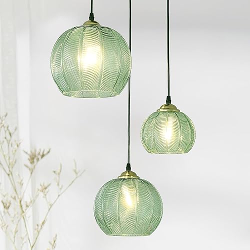 Lámpara colgante de 3 luces con forma de globo de cristal para isla de cocina, lámpara colgante moderna de mediados de siglo con acanalado verde, disponible en Yaxa Costa Rica
