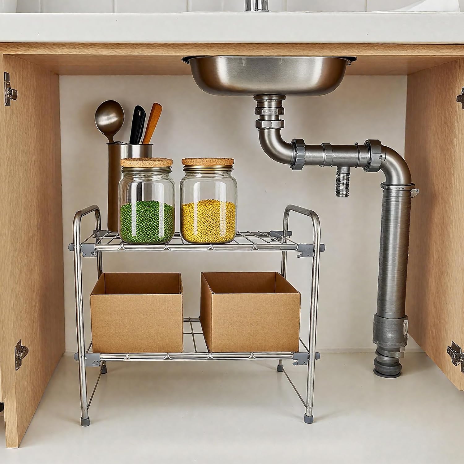 Under Sink Organizers and Storage，2 Tier Expandable Under Cabinet Organizer Shelf for Under Kitchen Bathroom Sink Organizers and Storage
