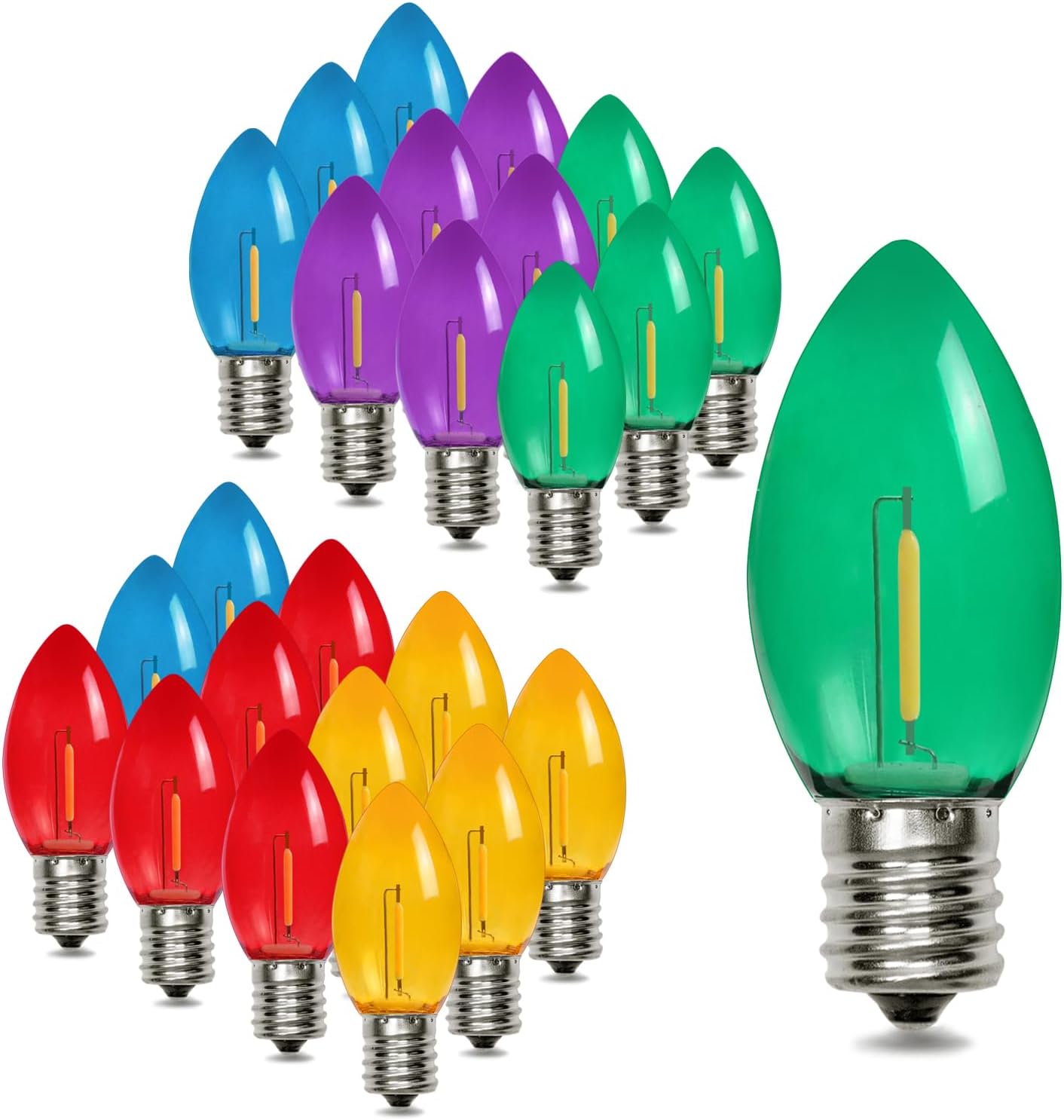 25 Pack C9 LED Replacement Christmas Light Bulbs Multicolor, Waterproof Shatterproof Outdoor String Lights Vintage LED Filament Bulb, E17 Base, Commercial Grade Holiday Decoration Bulbs