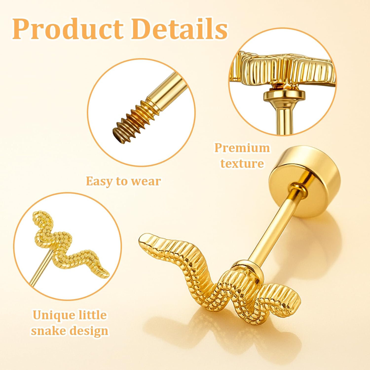 Snake Earrings, Flatback Earrings for Women, Tiny Stud Earring for Cartilage Tragus Helix Multiple Piercing Jewelry - Image 3