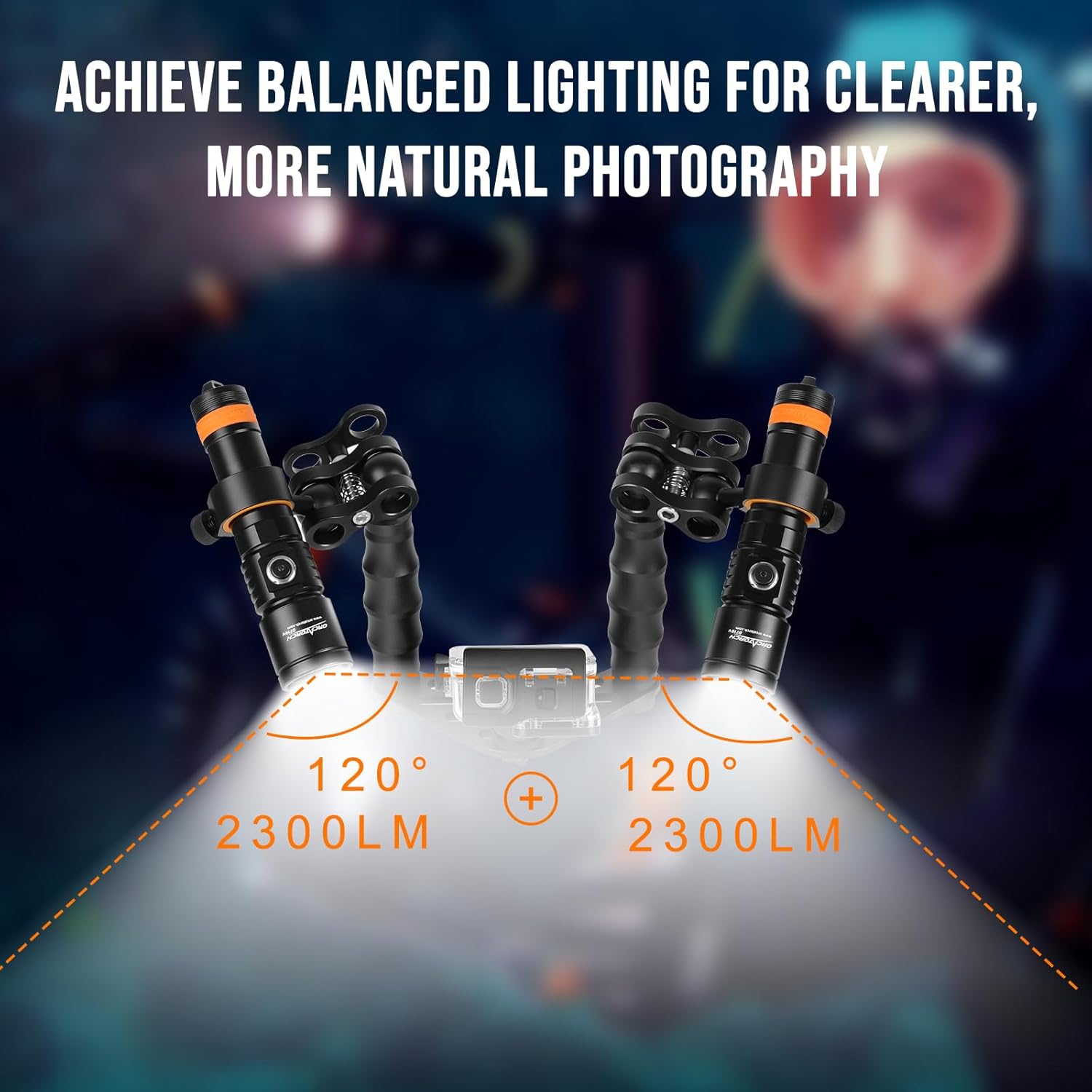 ORCATORCH D710V MK2 Dual Underwater Video Light Kit, 4600 Lumens (2x2300) Tri-Color Scuba Diving Photography Rig with H02 Camera Tray, Handle & Ball Joint Clamps, 120° Wide Beam for Gopro & Action Cam