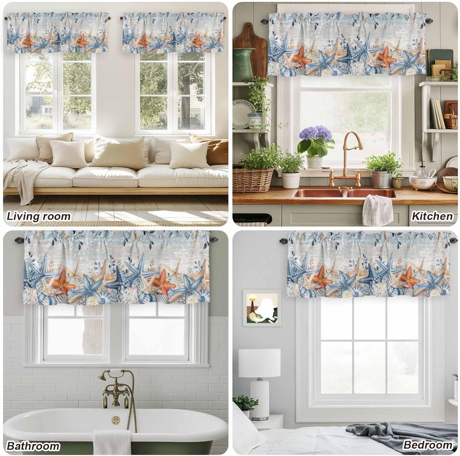 2 Pack Blue Coastal Valances for Window, Summer Beach Starfish Short Curtains for Kitchen Bedroom Living Room, Weeping Eucalyptus Vintage Rod Pocket Small Window Treatment Valance Drapes 60 x 18 Inch