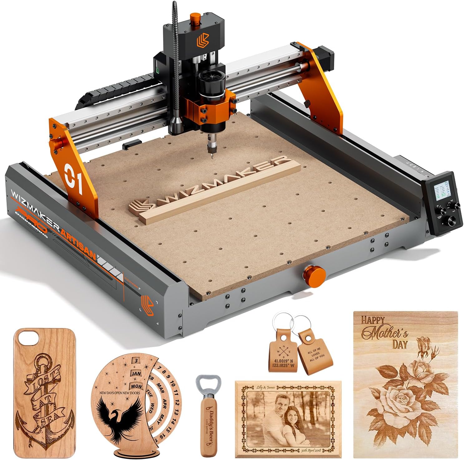 WIZMAKER Artsian 01 CNC Router Machine 12000 RPM 300W GRBL Control 3-Axis Engraving 0.1mm Accuracy Spindle Laser Mode Switch Industrial Workrange 16.53''x16.53''x3.54'' Engraver 98% Pre-Assembled