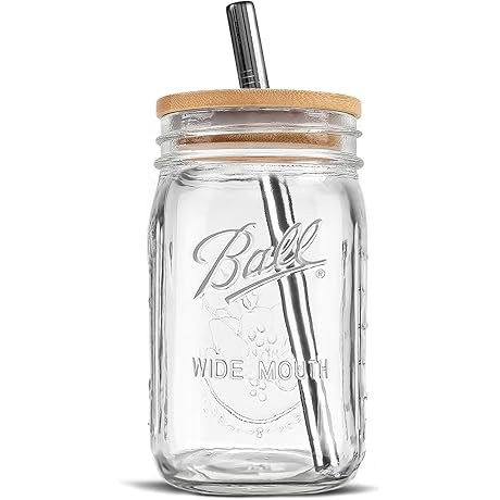 Wide Mouth Quart Mason Jar with Straw, Lid for Smoothies, Iced Tea, etc.