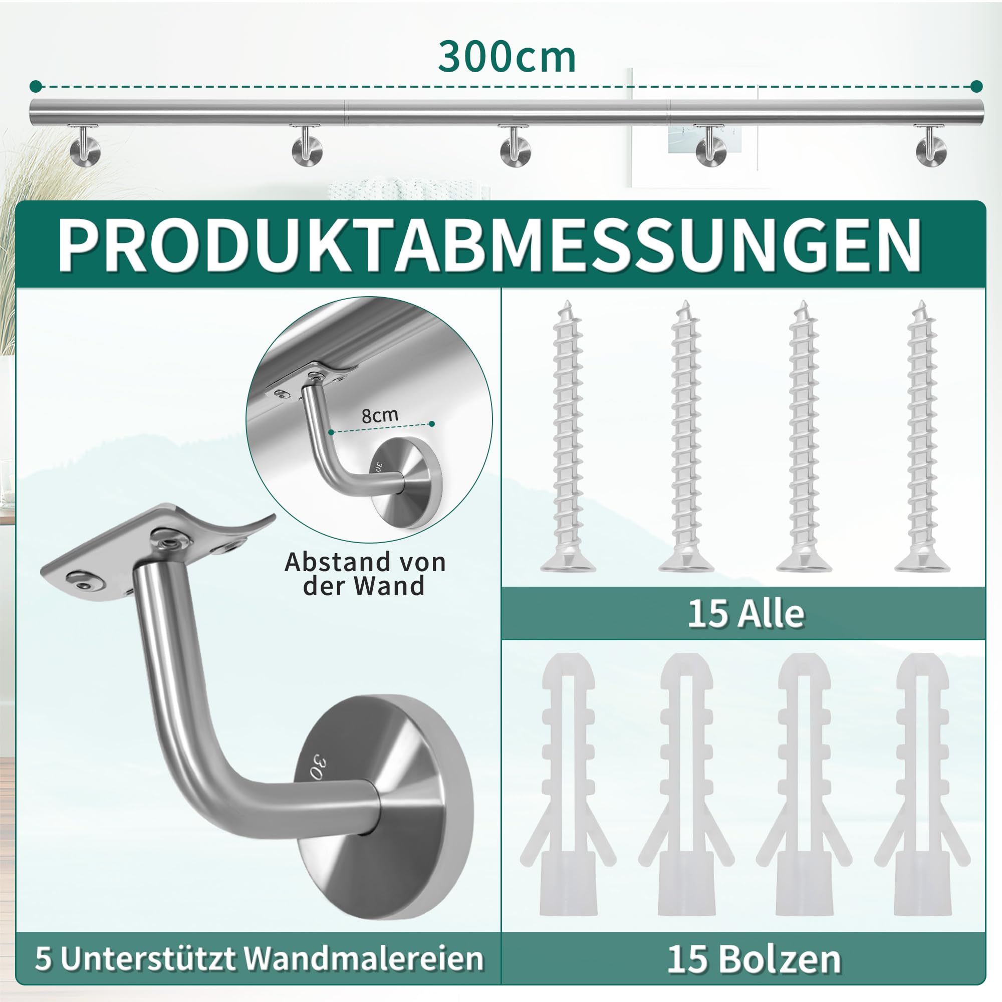 Edelstahl-Handlauf, 300CM Treppengeländer, Geländer mit 42 mm Durchmesser,Wandmontierter Handlauf mit Wandhalterungen und Befestigungselementen, Geeignet für Innen/Außenbereich