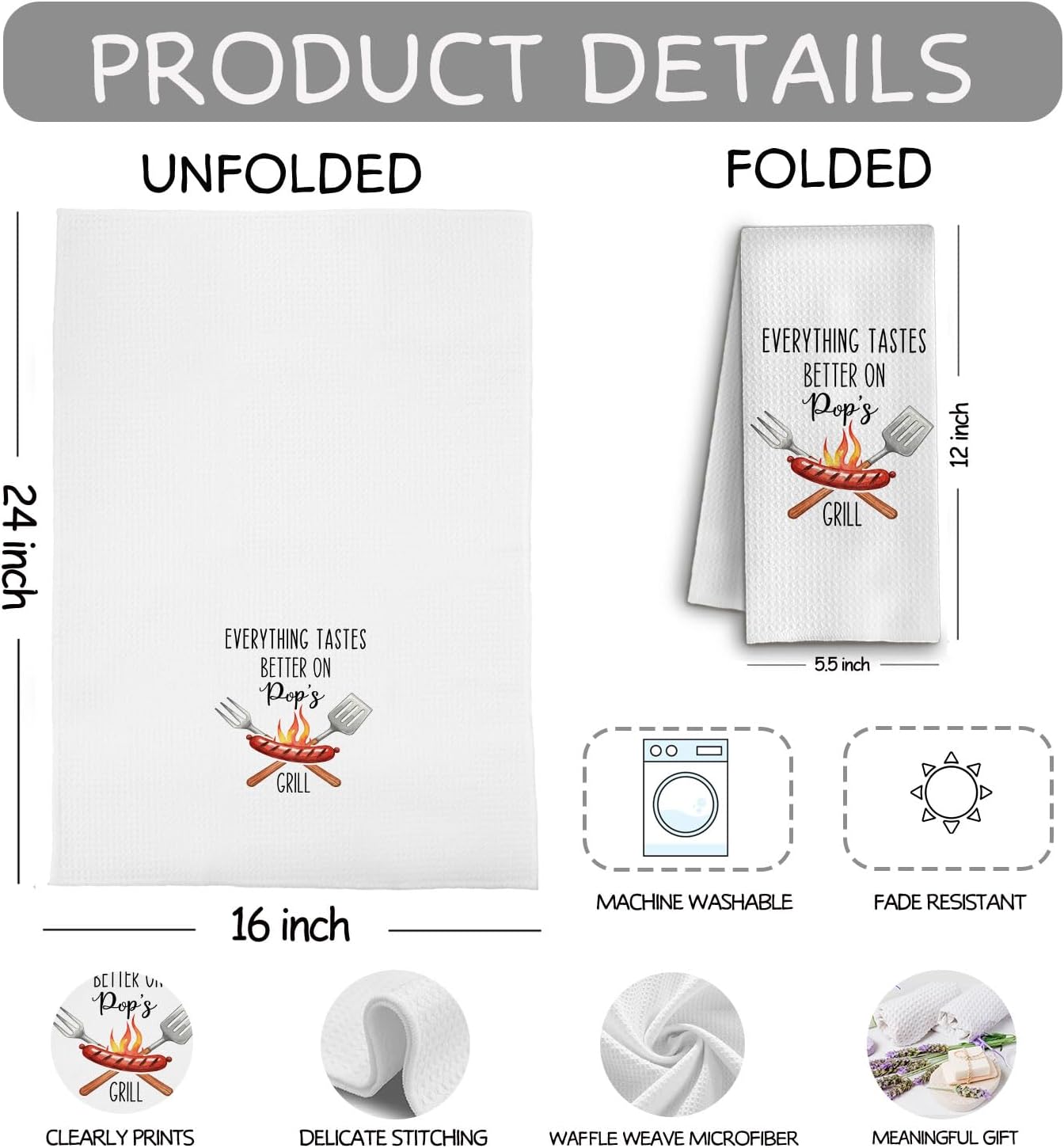Pop Grandpa Grilling Gifts Kitchen Towels, Grandpa Gifts from Grandkids Dish Tea Towels, Everything Tastes Better on Pop's Grill Decorative Hand Towel for Kitchen, 16x24 Inch - Image 6