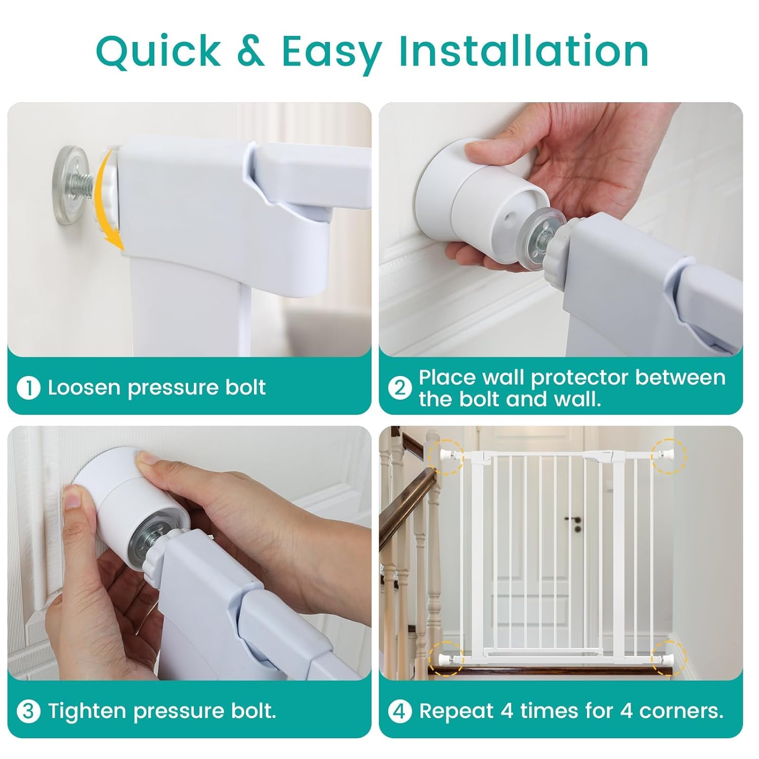 Mumeasy 4 Pack Baby Gate Wall Protector Extender – Pressure Mounted Child Safety Gate Extension Kit Extends 0.86–4.1 in, Protects Walls & Doorways from Pet & D Gates, Works on Stairs & Door, White