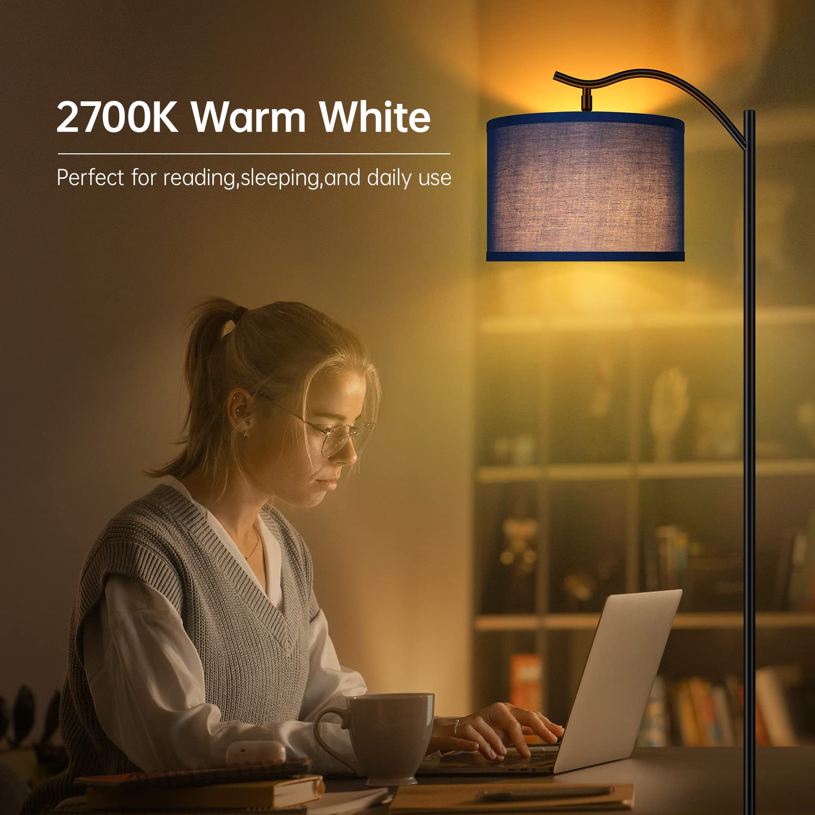 Floor Lamp for Living Room,LED Arched Floor Lamp,Tall Modern Standing Lamp with Linen Shade,3 Brightness Levels,E26 Socket, Footswitch,Montage Mid Century Floor Lamp for Bedrooms,Office (Blue)