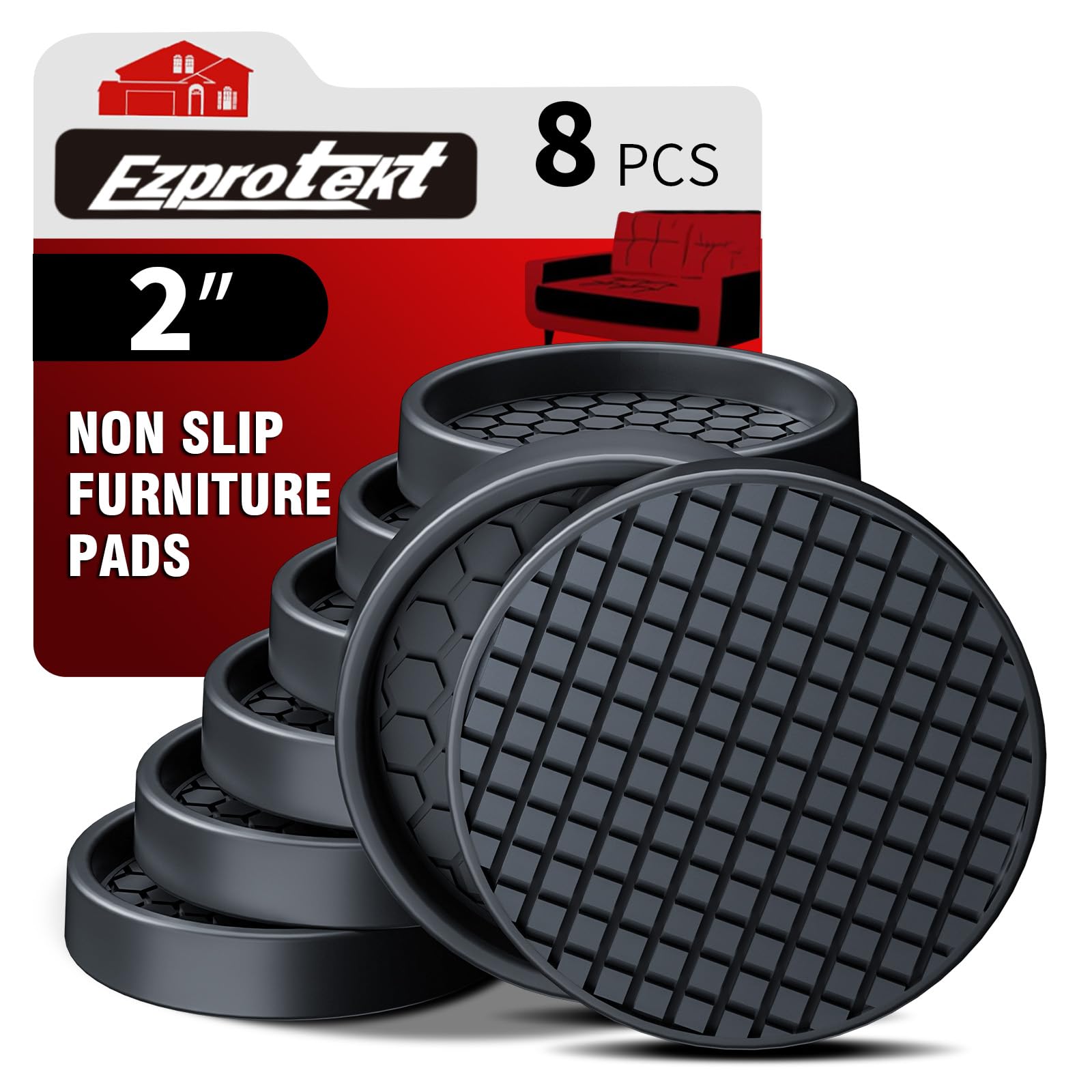 Ezprotekt Non Slip Furniture Pads, 8 Pcs 2" Rubber Caster Cups, Anti Skid Furniture Coasters for Hardwoods Floors, No Slide Furniture Gripper, Floor Protector for Bed Couch Furniture Stoppers (Black)