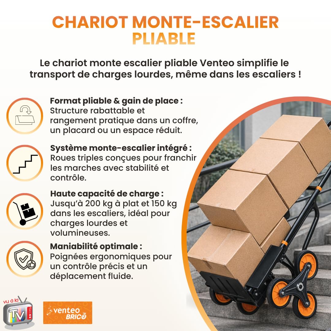 Venteo | Chariot Pliable Monte Escalier | Diable de Transport avec Plateforme Antidérapante | Diable Pliant à Roues Triples | Forte Capacité de Charge et Rangement Optimisé | Colis de Déménagement