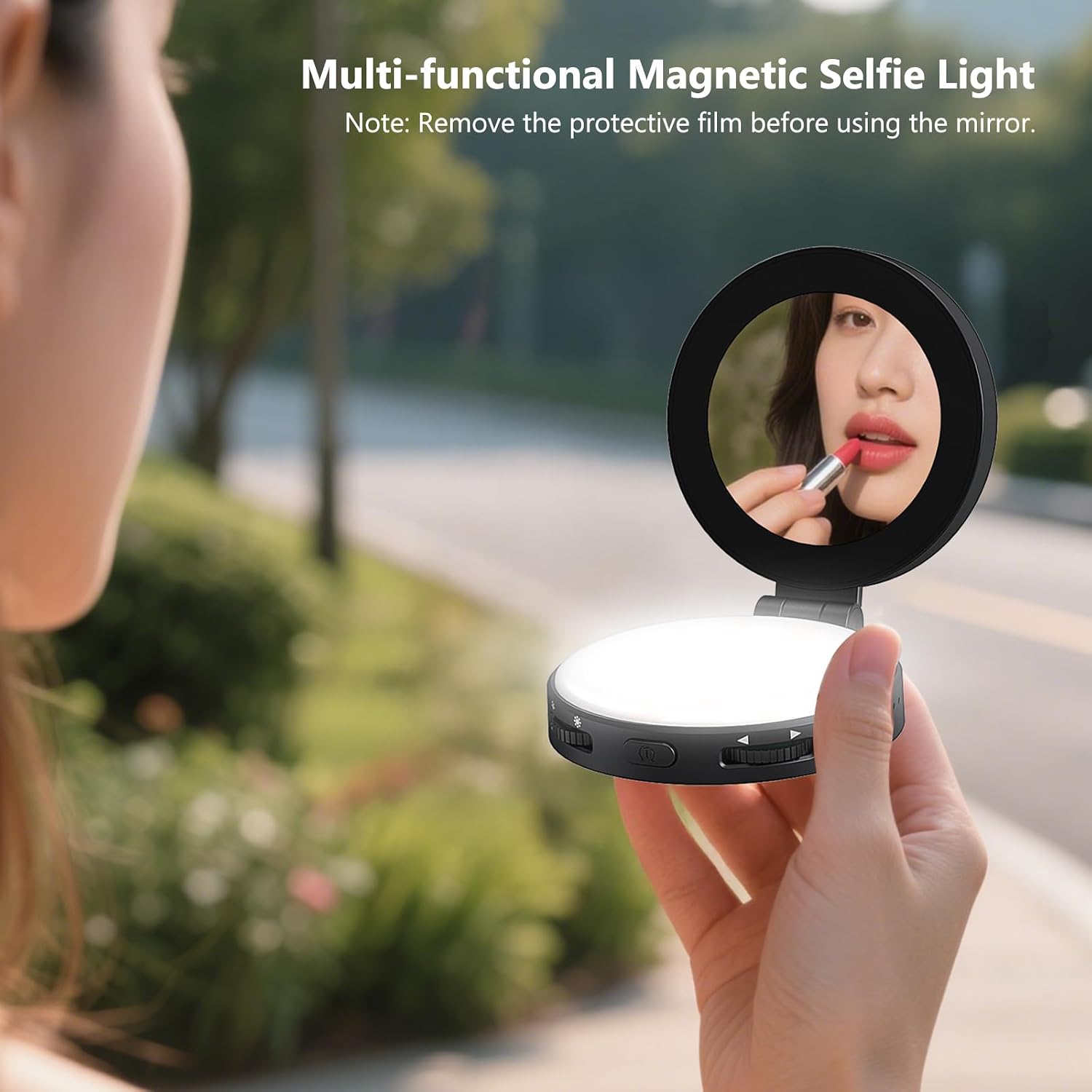 VRIG FD-04 Magnetic Selfie Light with Mirror for iPhone Mag Safe, 3 Color Temperatures, 360° Adjustment, Rechargeable Phone Light for Video Recording, Selfies, Vlogging, Video Conference (Black)