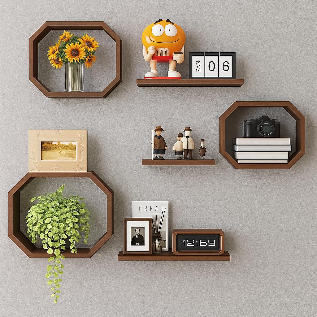 EXPRESSOW ENTERPRISES Wall Mounted Floating Shelves Set of 6, Multipurpose Display, Book, Storage & Decor Shelves, Octagon Shape Wooden Wall Shelf for Living Room, Bedroom, Kitchen (Brown)