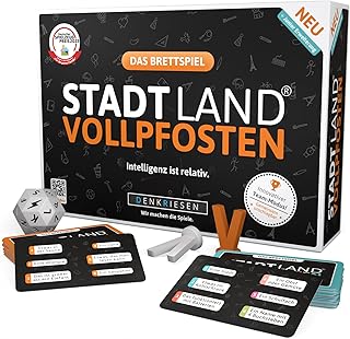 DENKRIESEN - Stadt Land Vollpfosten® The Board Game | Basic Game Including Junior Expansion | From 8 Years | 4-12 Players | Party Game | Lightning Dice & Long Game Rounds | Family Game