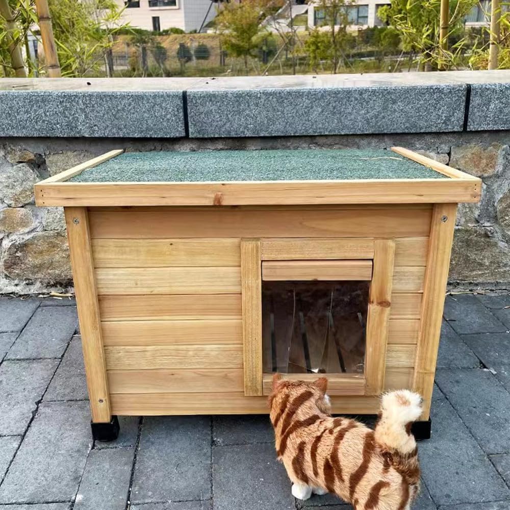Amazon | 天然木製 ペットハウス 猫 犬小屋 透明窓 ドアカーテン付き