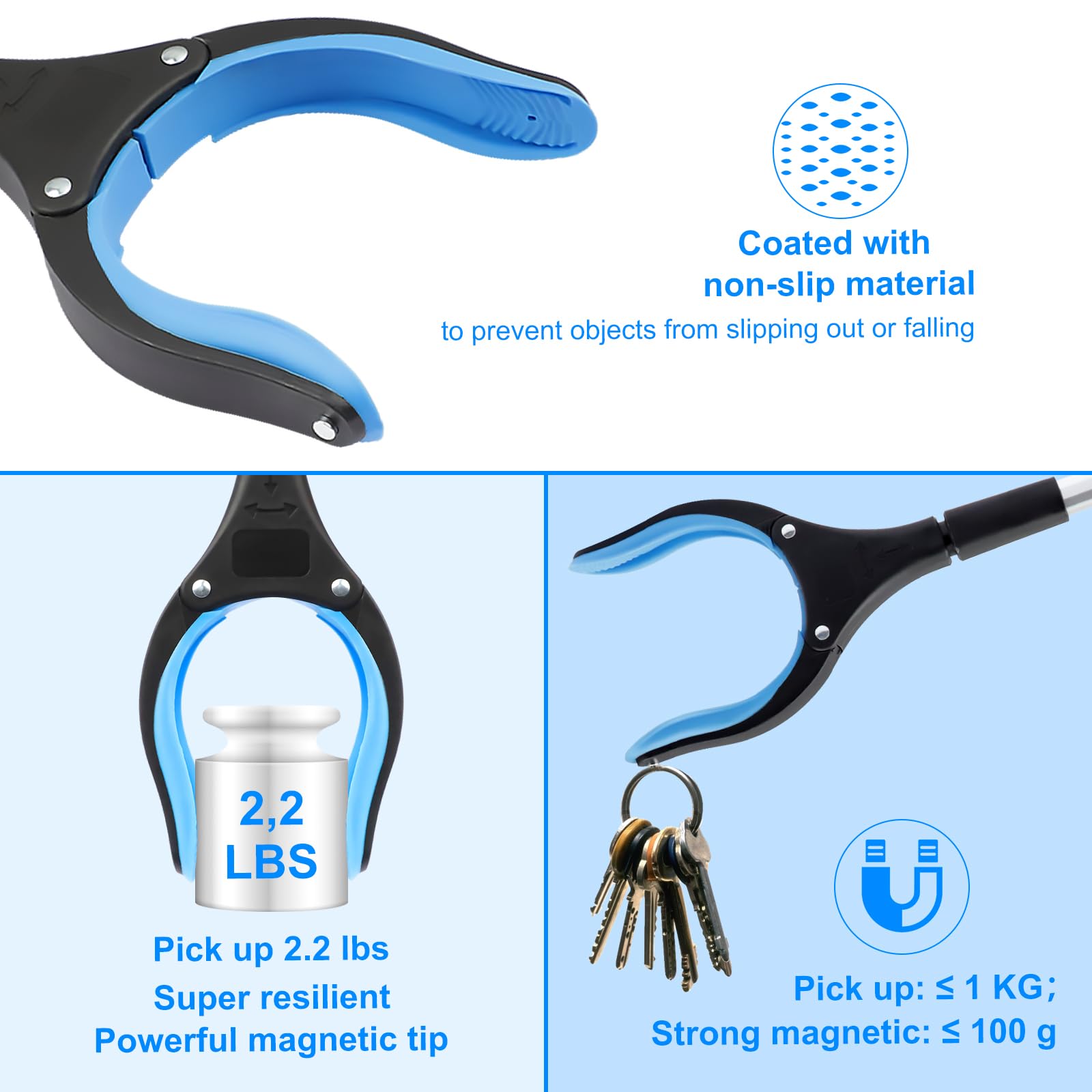 Pinza Telescopica 1 Pezzi - 109cm Pinza Raccogli Oggetti - Pinza raccogli rifiuti con Punte Magnetiche - Testa Girevole di 90° Pinza Telescopica Prendi Oggetti, Blu