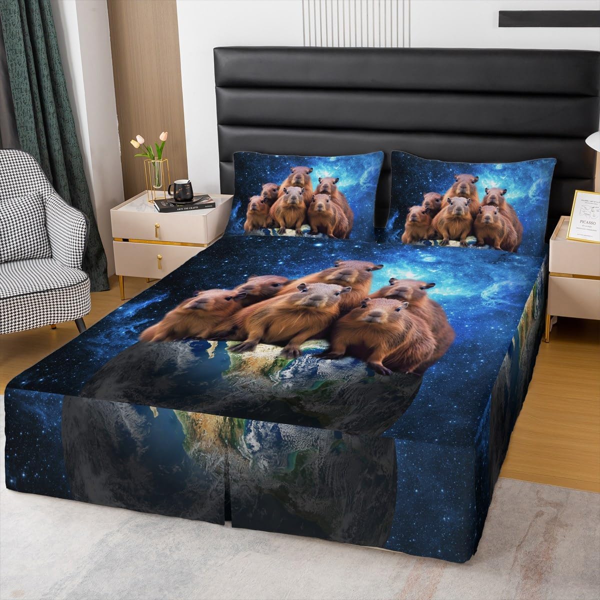 Funny Cute Capybara Sheet & Wrap Around Bed Skirt Galaxy Capybaras Bed Skirt, Cartoon Capybara Bed Wrap Sheet Set Capybara Dust Ruffle Pleated Bedskirt Fitted Sheet for Queen Bed with Split Corners