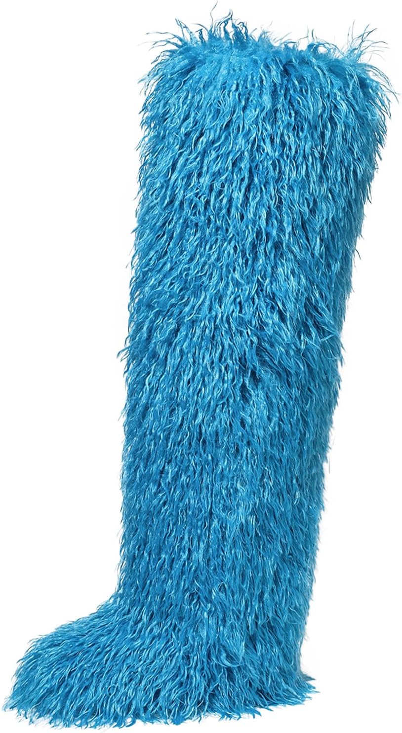 Women's fur knee-high boots, Y2K over-the-knee fur boots, fluffy flat fur boots, height 28in