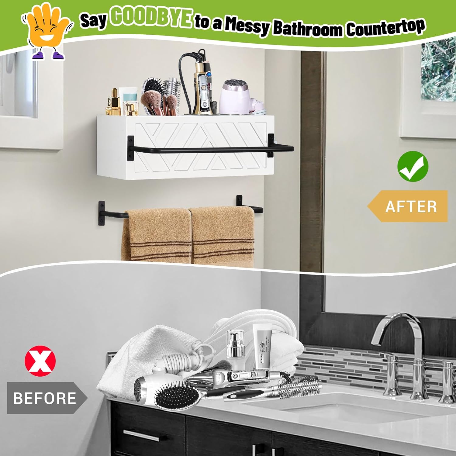 Hair Tool Organizer Wall Mount, Hair Dryer Holder with 2 Towel Bars, Wood Hot Tools Organizer, Rustic Bathroom Organizer Blow Dryer Holder for Bathroom Decor, Flat Iron, Curling Wand, Brushes(White)