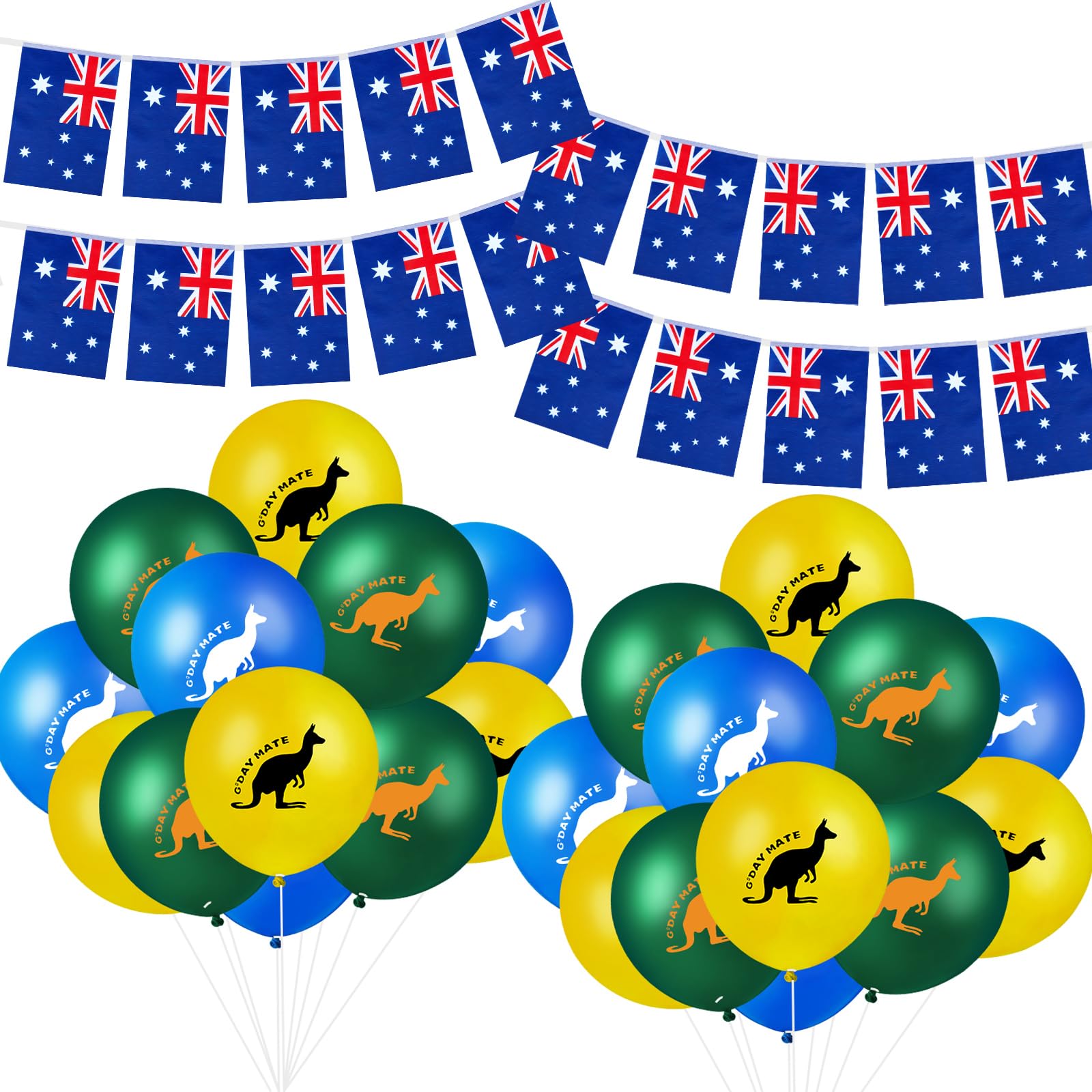 8M Australian Flag Australia Day Bunting Banner, 20 Pcs Large Flags, 24 Pcs Kangaroo Balloons, Australia Day Party Decoration Set Silvery Grey Ribbons for Australian Themed Party Decorations