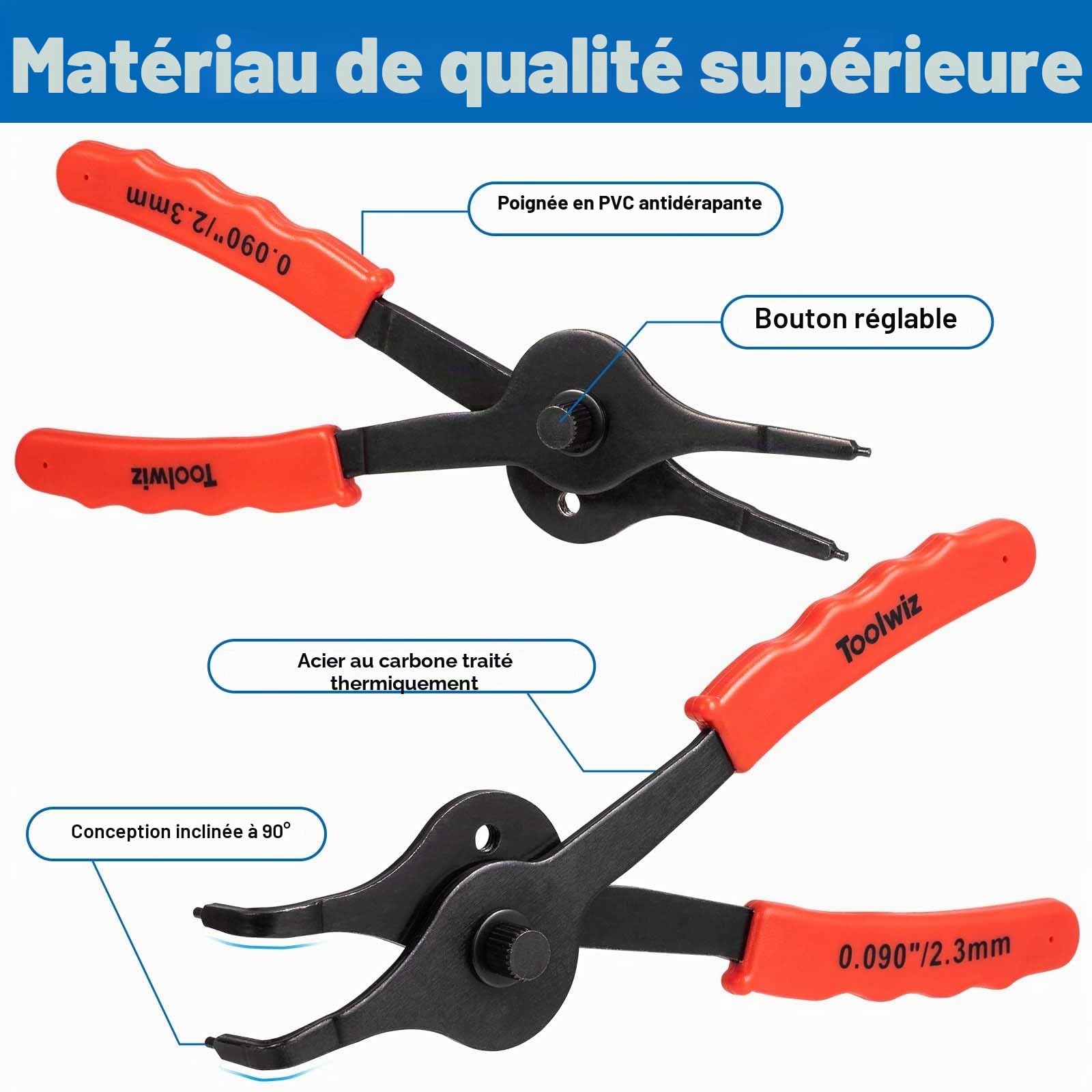 Toolwiz Lot de 10 pinces à circlips internes et externes pour anneau de retenue en C, outils automobiles droits courbés et robustes, avec crochet, médiator et étui de rangement