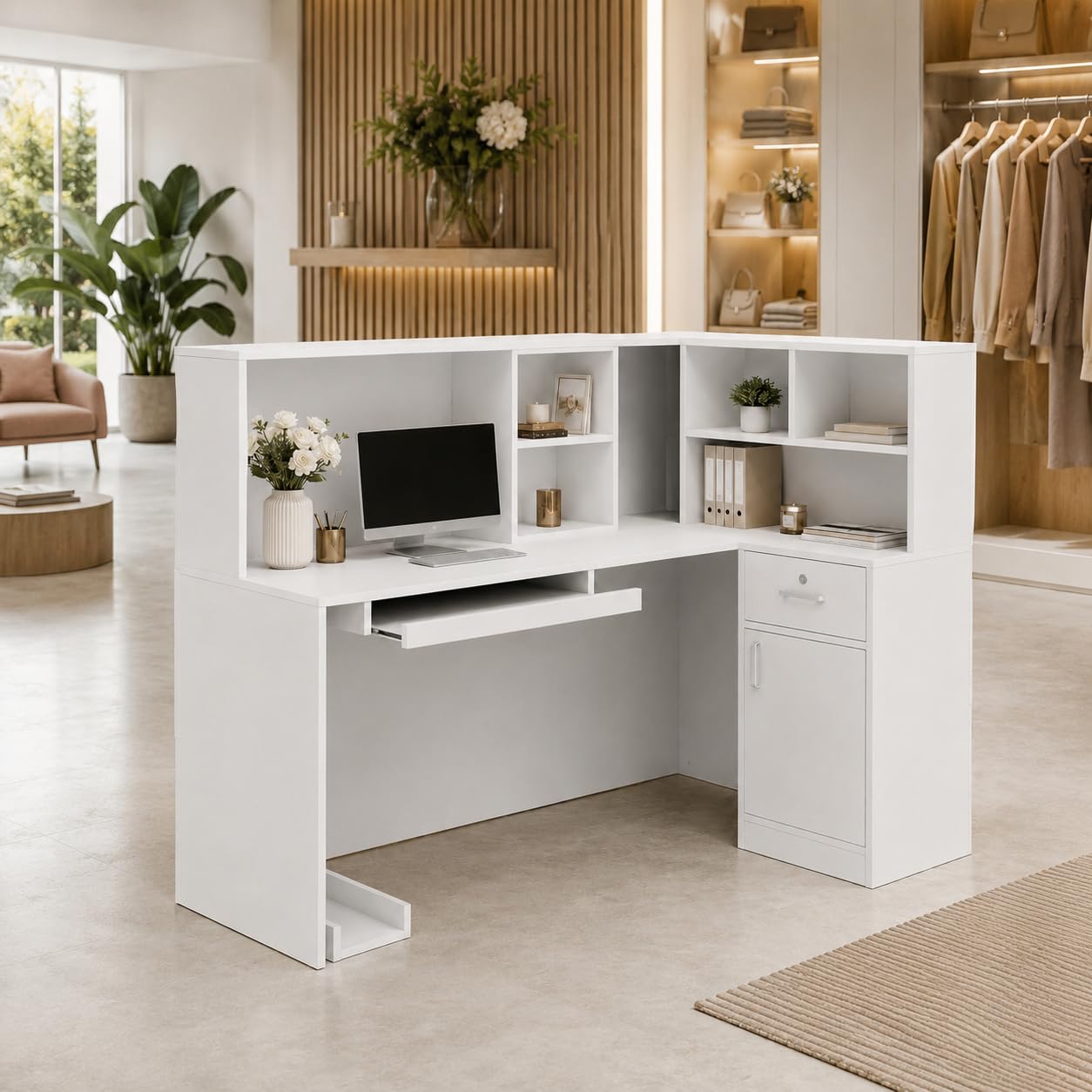 Empfangstheke MDF 140x80x120 cm mit Computertablett, abnehmbarem Regal, 1 Schublade, 1 Schrank