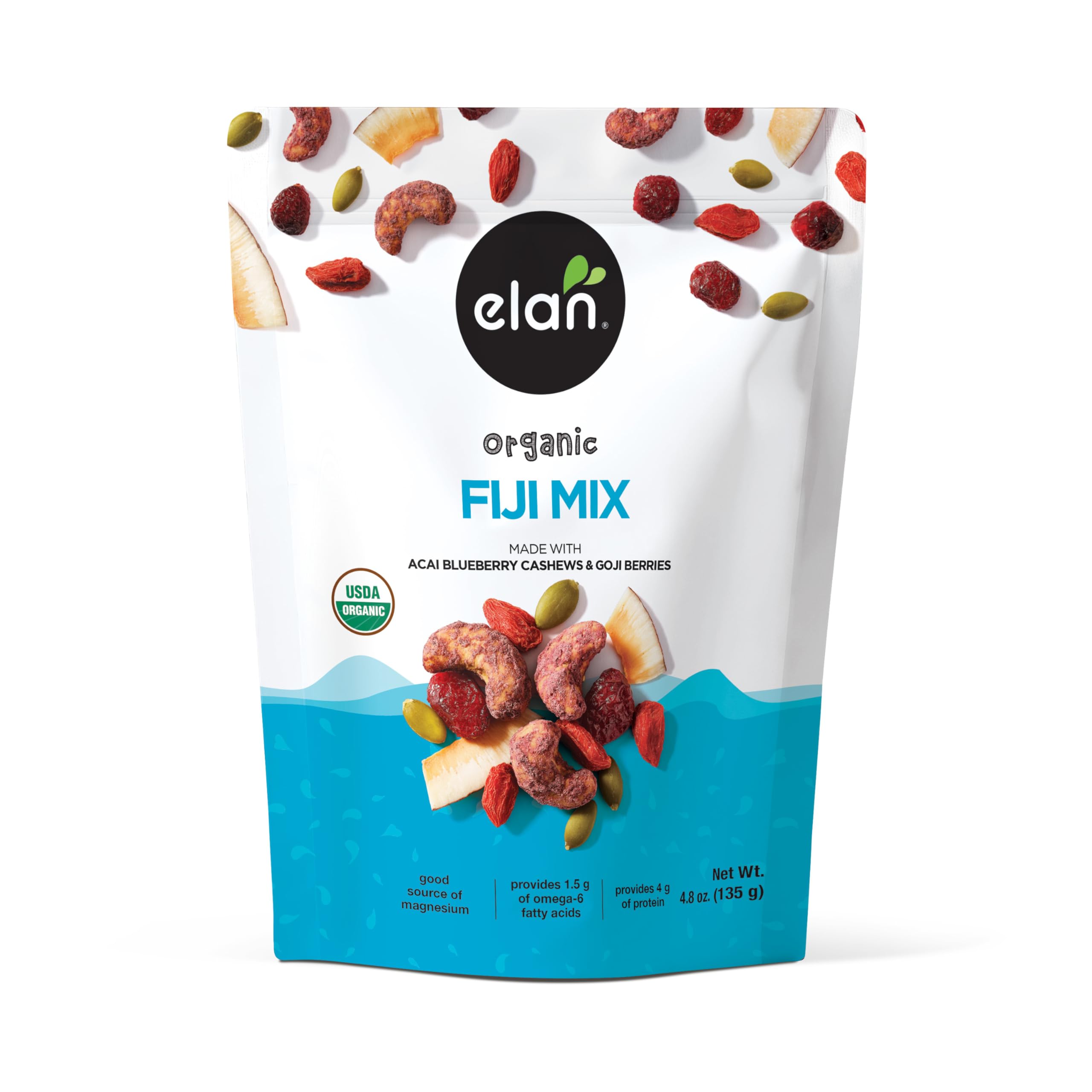 Elan Organic Fiji Mix, 4.8 oz, Non-GMO, Gluten-Free, Vegan, Kosher, Dried Fruits (Dried Goji Berries, Dried Cranberries), Superfood Infused Nuts (Blueberry Acai Cashews), Pumpkin Seeds