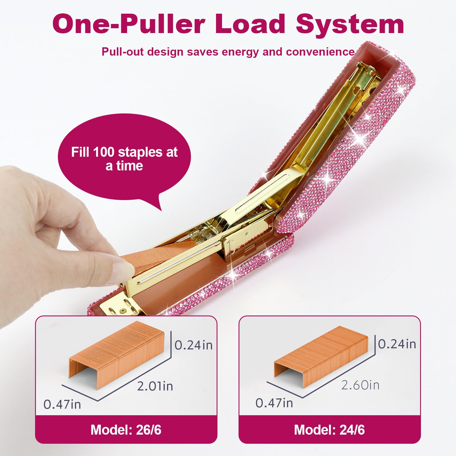 MultiBey Bling Schreibtisch-Organizer: Hefter, Klebebandspender, Heftklammerabzieher | 25 Blatt Kapazität Strass Acryl Heftgerät mit 1000 Heftklammern. Sparkling Office Supplies Geschenkset für Frauen (Rosa)
