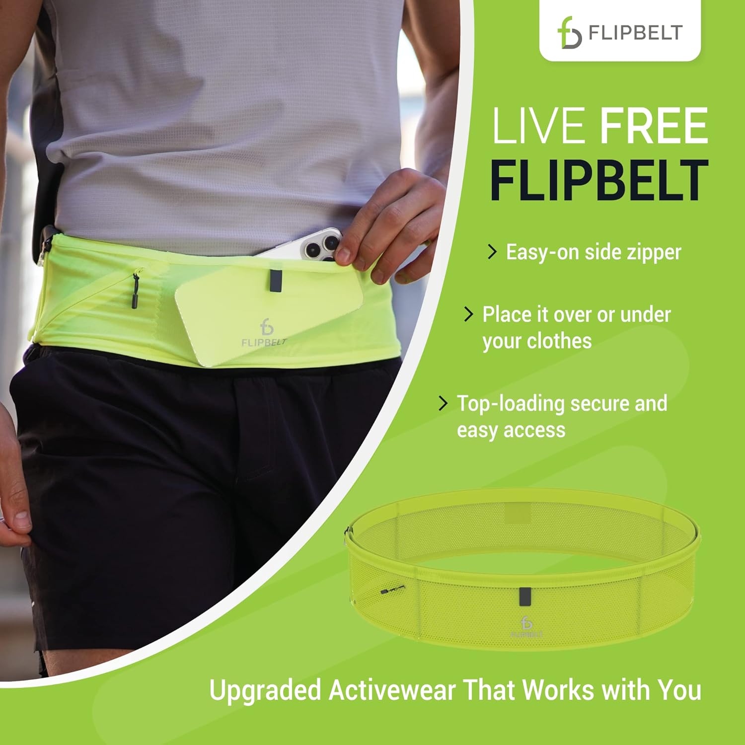 FlipBelt Lightweight Running Air Belt, Fitness and Running Fanny Pack for Women and Men, Non Chafing Waist Band Pack for Phone, Keys, Money, Moisture Wicking Storage Belt, USA Company Neon Yellow - Image 5