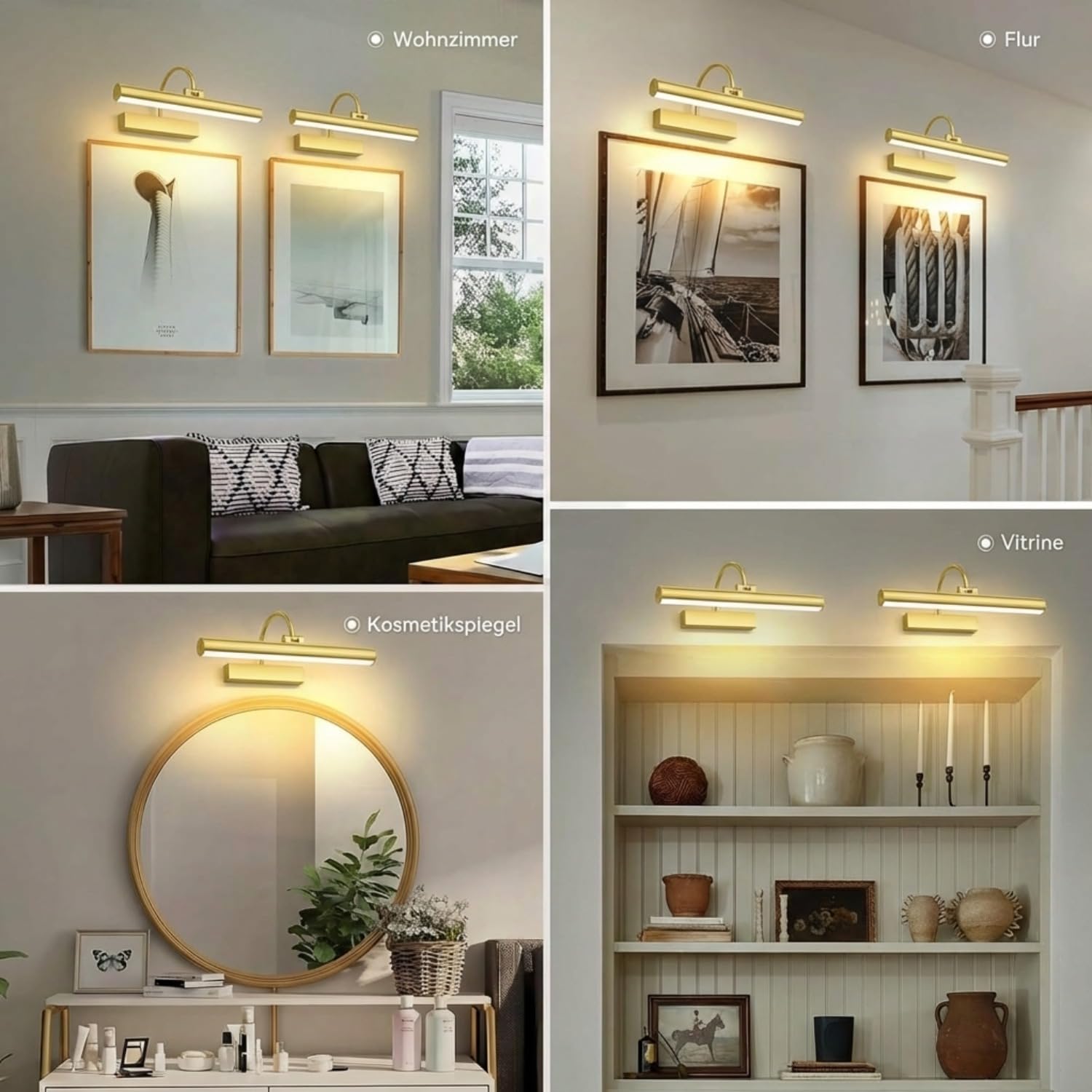 Gresonic 2pc Bilderleuchte Kabellos Akku, 42cm Wiederaufladbar LED Bildlampe mit Fernbedienung Timer, 3 Farbtemperaturen Dimmbar, 210° Drehbar Bildbeleuchtung aus Acryl für Spiegel, 5200mAh Gold