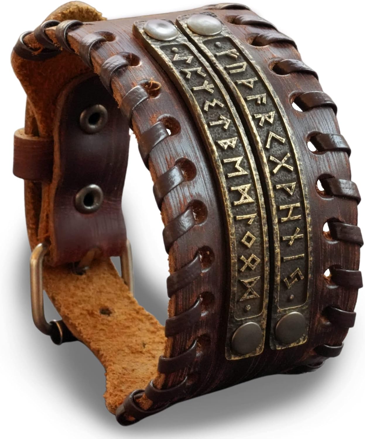 Baldur Jewelry Genuine Leather Bracelet With Viking Rune Futhark Metal Plates For Men Women, Adjustable Wrap, Ethnic Tribal Braided Bracelet Wristbands