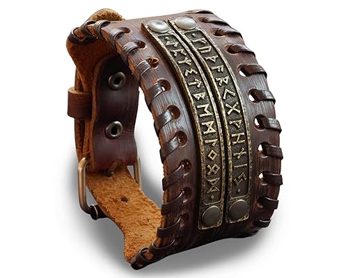 Miniatura 1 de Baldur Jewelry Genuine Leather Bracelet With Viking Rune Futhark Metal Plates For Men Women, Adjustable Wrap, Ethnic Tribal Braided Bracelet