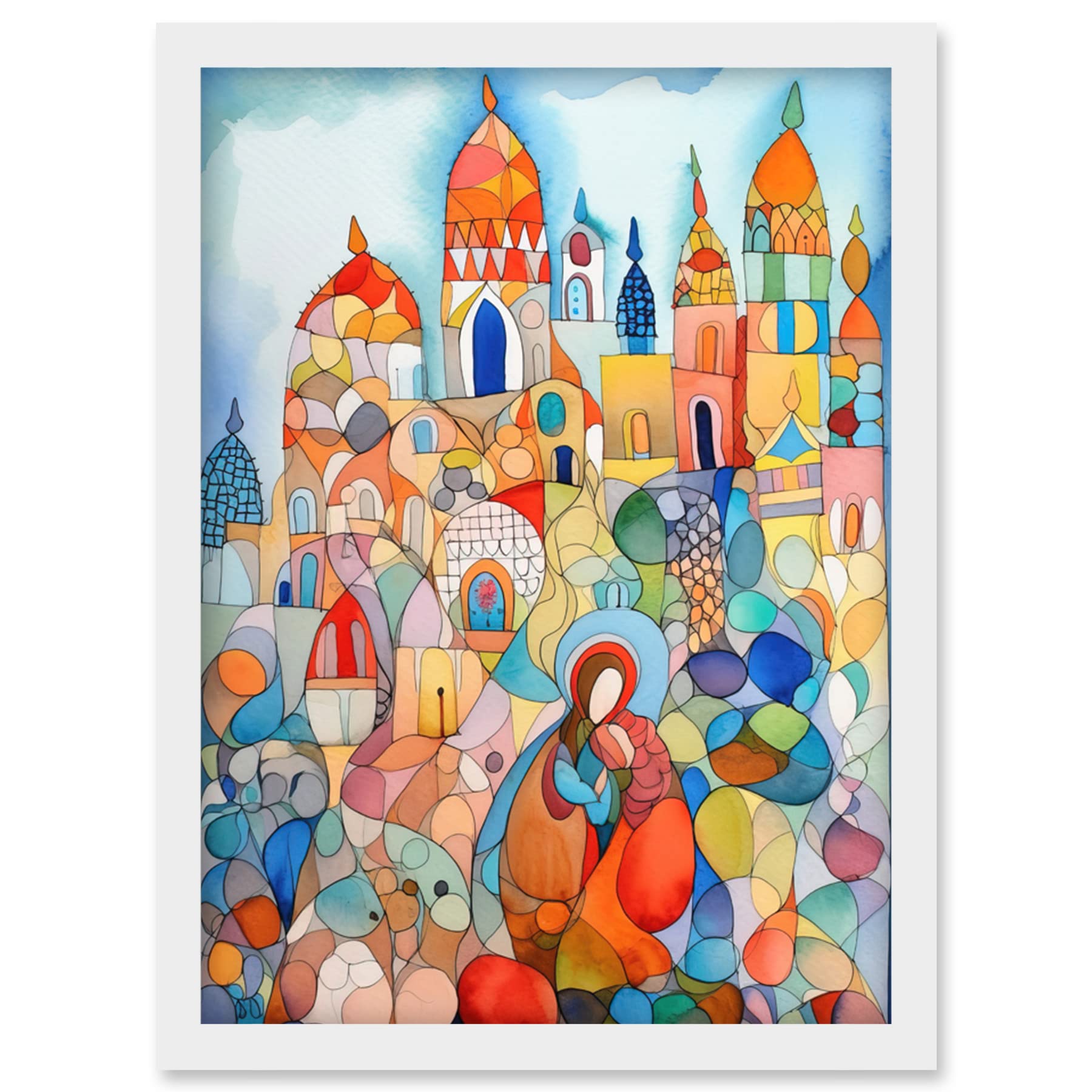 Artery8 Abstract Moroccan Cityscape Folk Art Artwork Framed Wall Art Print A4