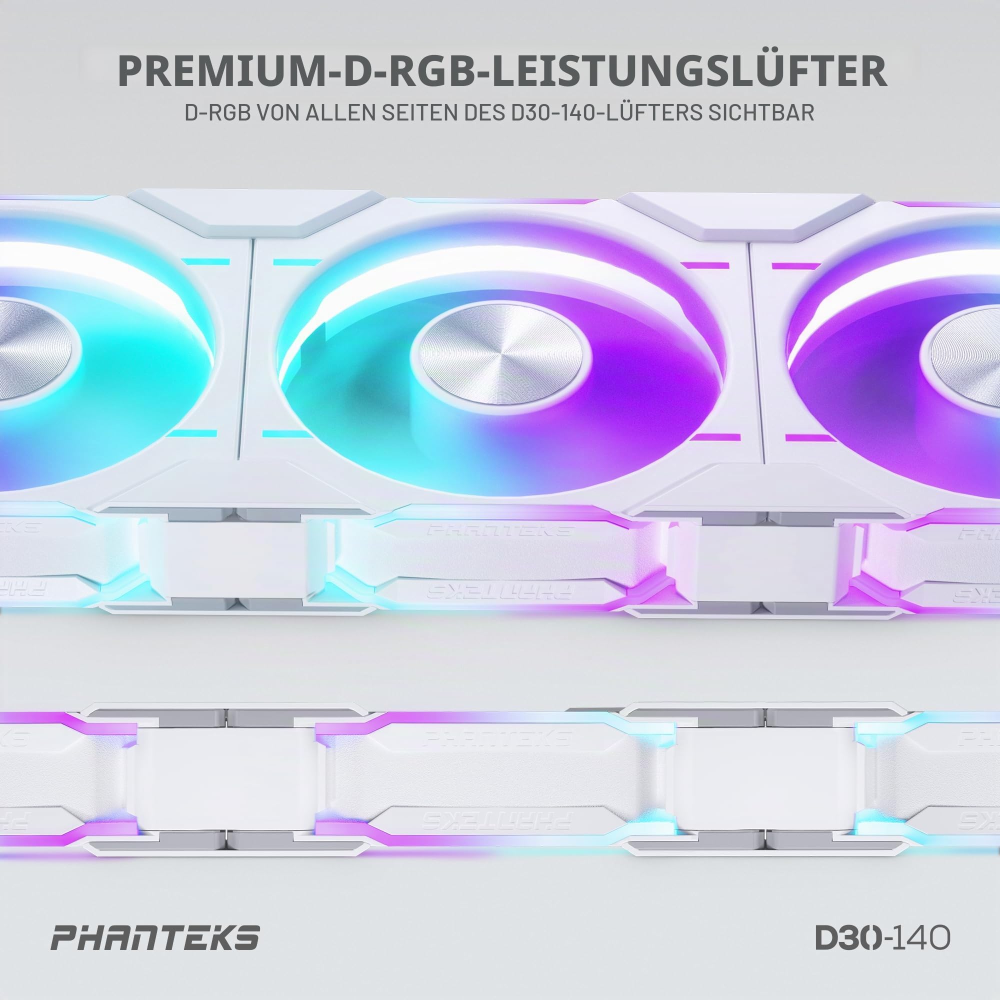 Phanteks D30-140 PWM D-RGB Lüfter Weiß | 140mm Gehäuselüfter, Reversed Airflow, ARGB Beleuchtung, Daisy-Chain System, 30mm Tiefe